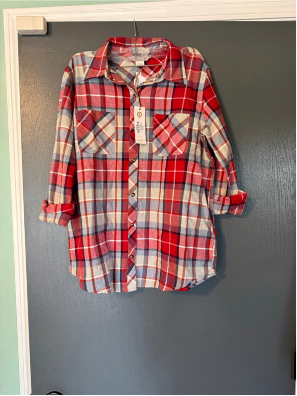 Women's Natural Reflections Plaid Button Down Shirt M Red Blue